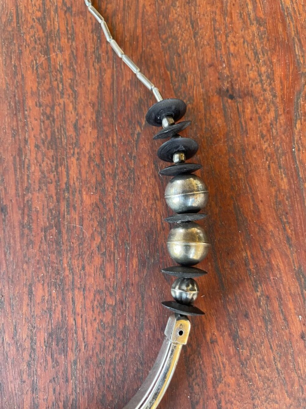 Antique African Tuareg Berber Tribal Ebony Wood Disc Silver Beaded Necklace - Picture 3 of 7